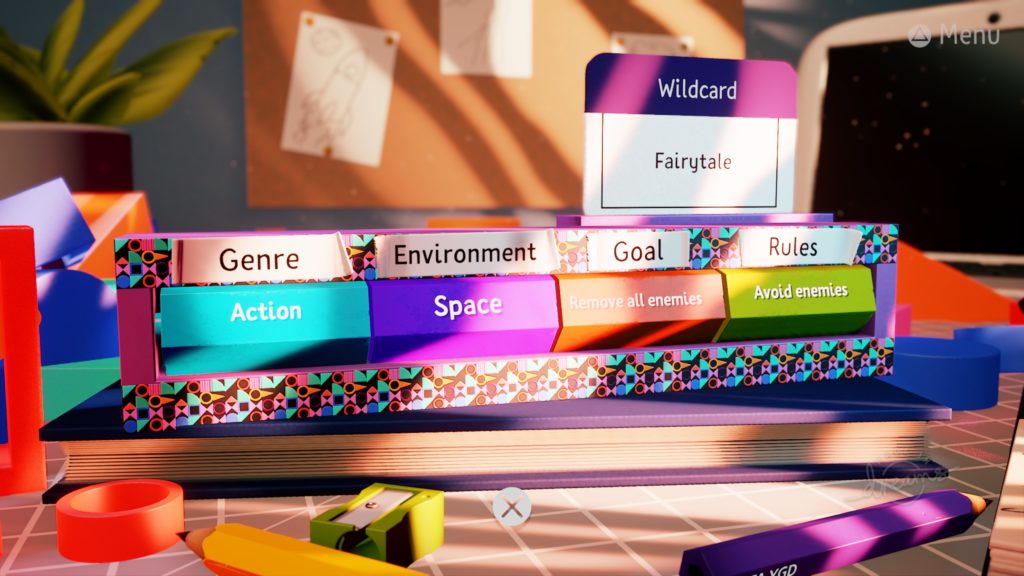 Screenshot of the BAFTA Young Game Designers Idea Generator created in Dreams, featuring a slot machine style object with headers reading "genre," environment," "goal," and "wildcard."